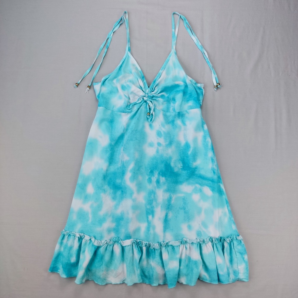 rue21 Sundress Women Large Blue Tie Dye Mini Dress Ruffle Hem Smocked Back Rayon